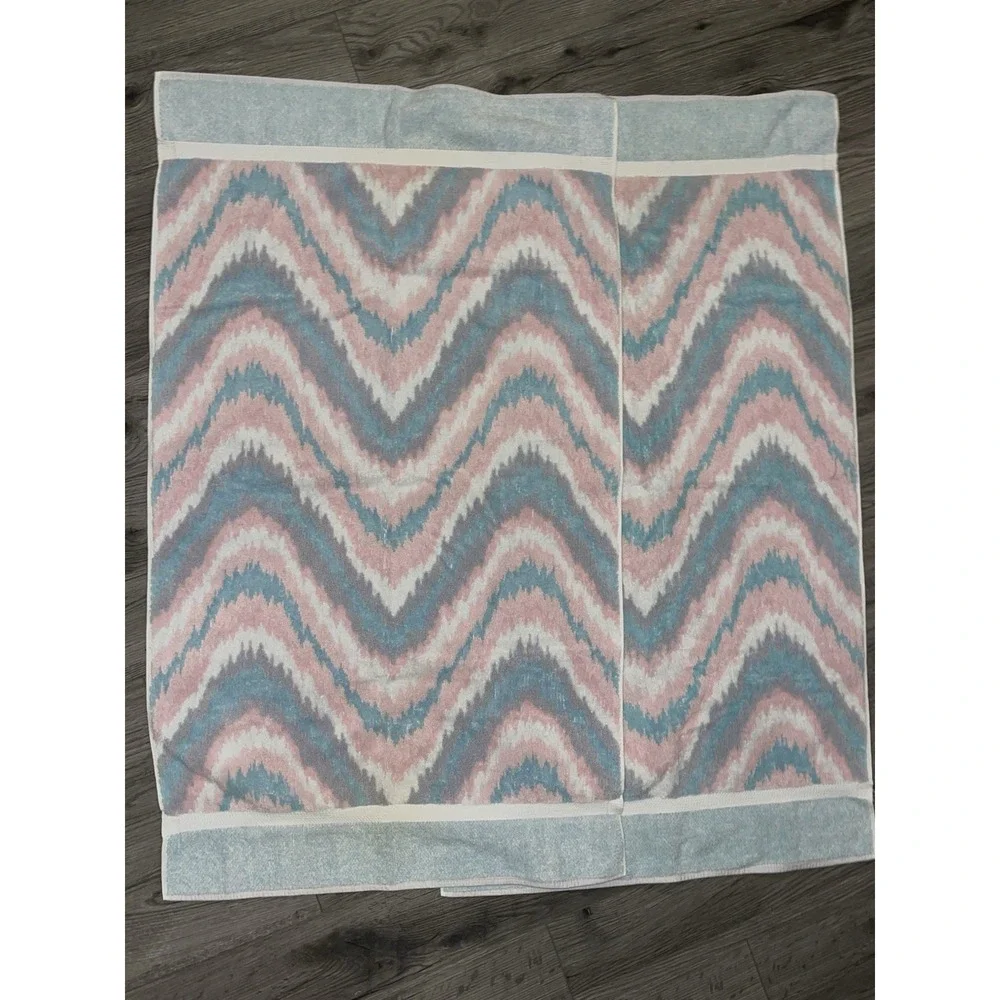 Vintage Towel‎ Set Of 6 Abstract Chevron Print Pink Blue & White